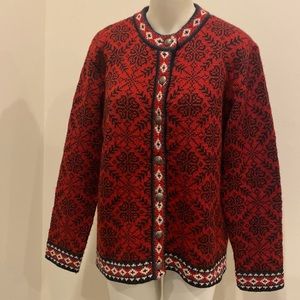 L.L. Bean Red Fair Isle Nordic Button Front Merino Wool sweater sz M